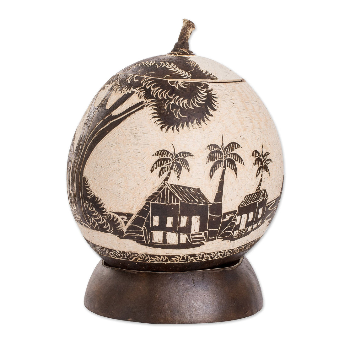 Caribbean Town Landscape Round Dried Gourd Decorative Accent - Caribbean Landscape