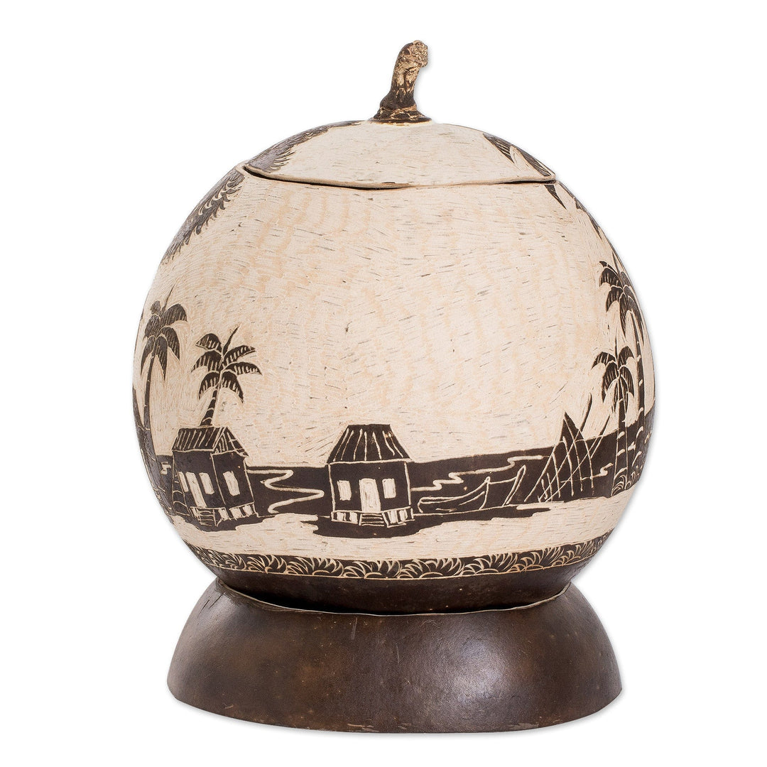 Caribbean Town Landscape Round Dried Gourd Decorative Accent - Caribbean Landscape