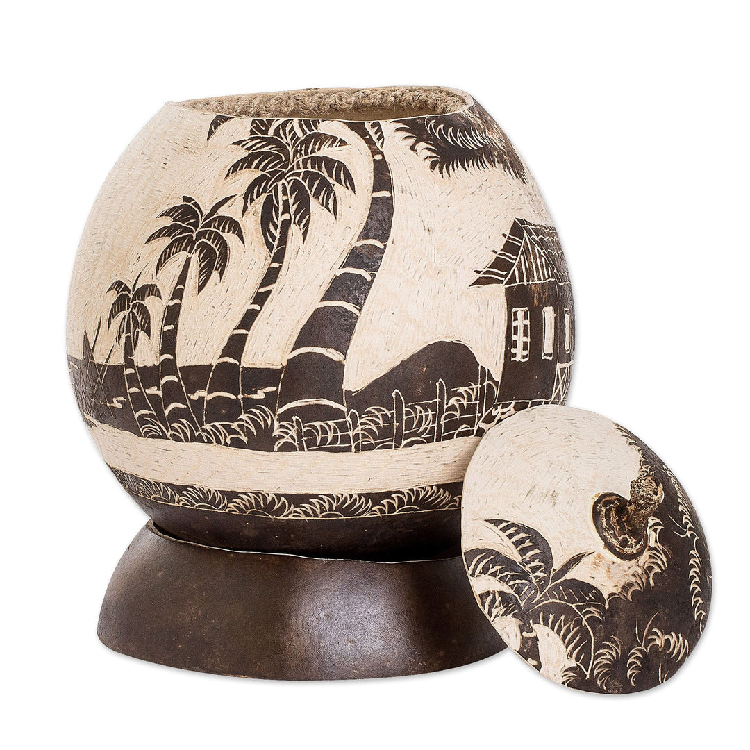 Caribbean Town Landscape Round Dried Gourd Decorative Accent - Caribbean Landscape