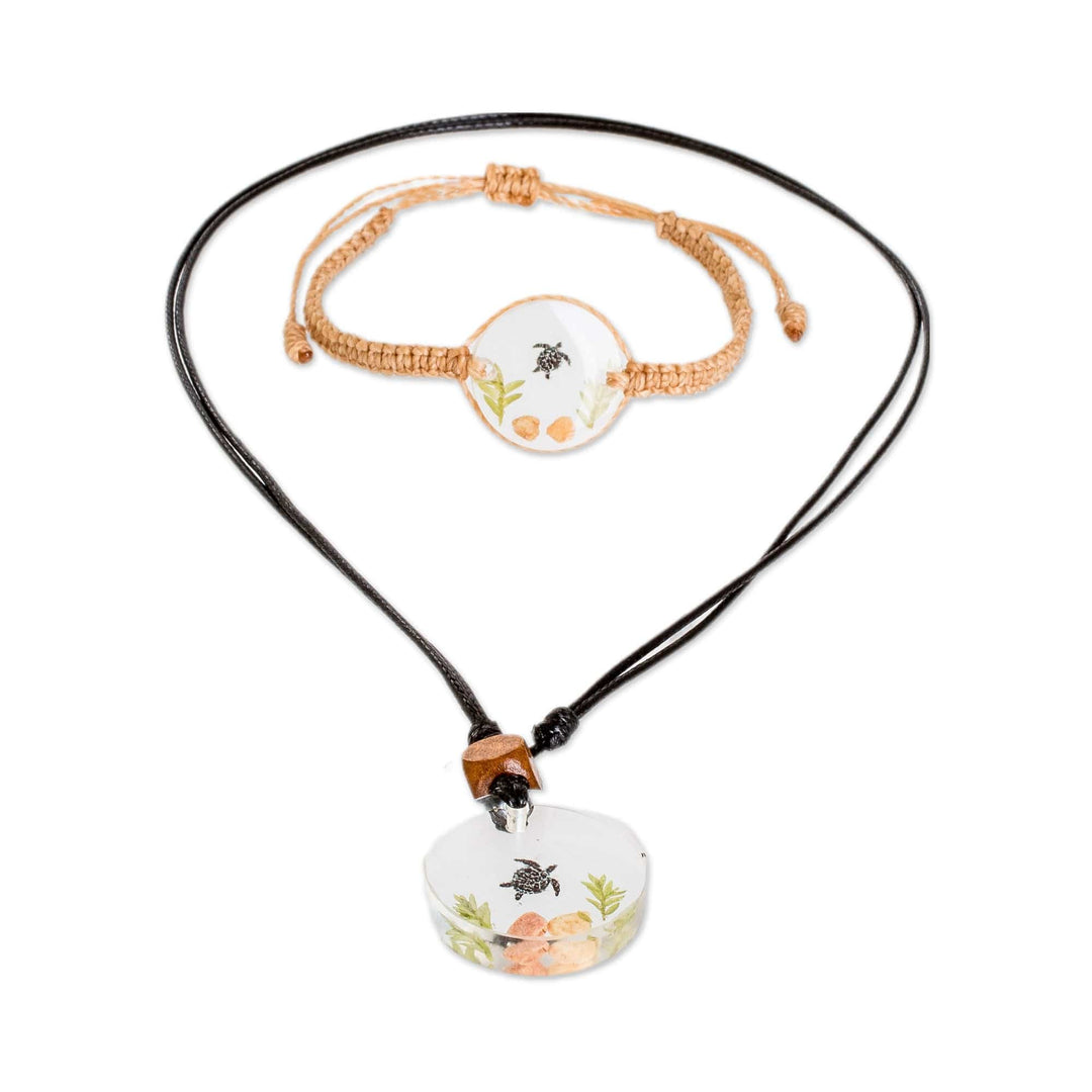 Set of Resin Turtle Pendant Necklace and Macrame Bracelet - Marine Sage