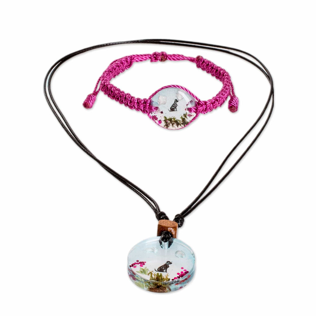 Set of Resin Dog Pendant Necklace and Macrame Bracelet - Loyal Companion