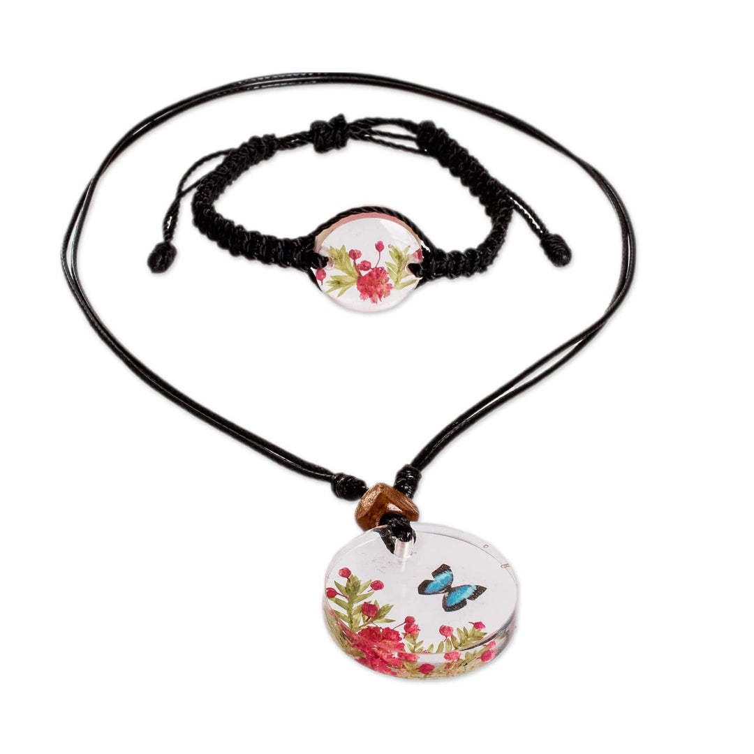 Set of Resin Butterfly Pendant Necklace and Macrame Bracelet - Morpho Hopes