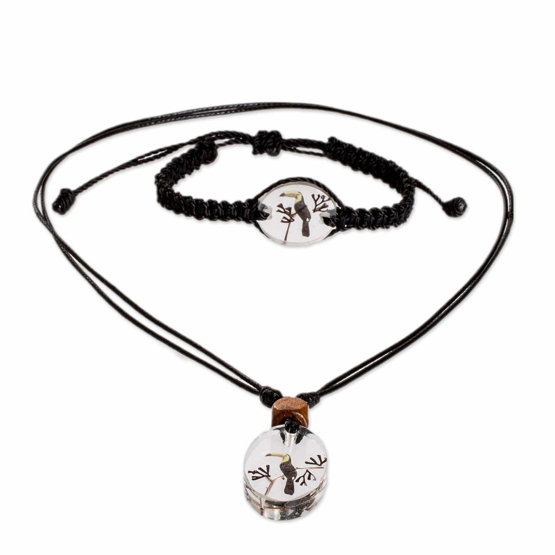 Set of Resin Toucan Pendant Necklace and Macrame Bracelet - Toucan Realm