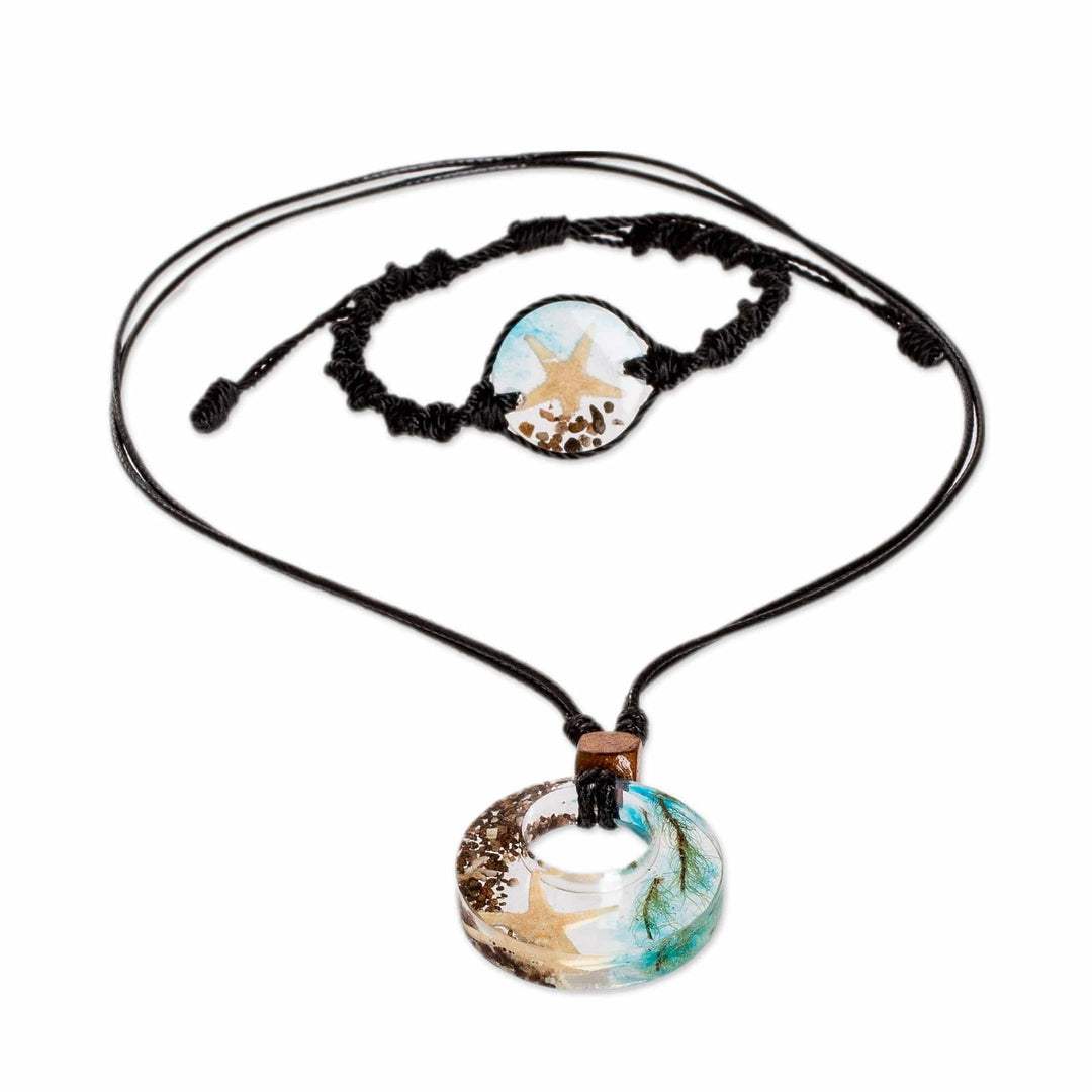 Set of Resin Starfish Pendant Necklace and Macrame Bracelet - Oceanic Star