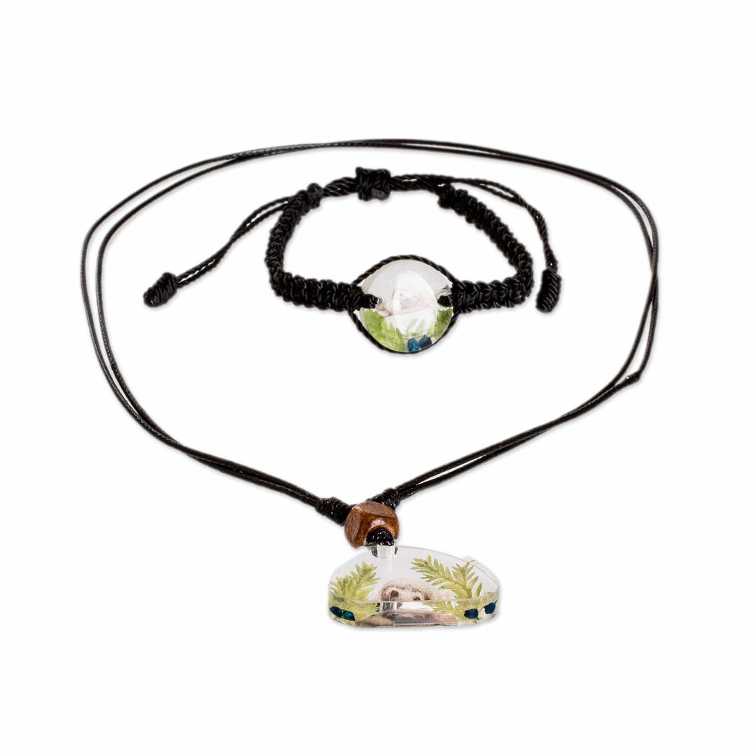 Set of Resin Sloth-Themed Necklace and Macrame Bracelet - Sloth's Peace