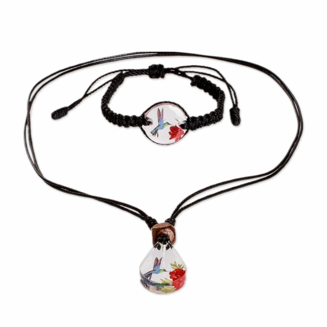 Set of Resin Hummingbird Necklace and Macrame Bracelet - Hummingbird Sign