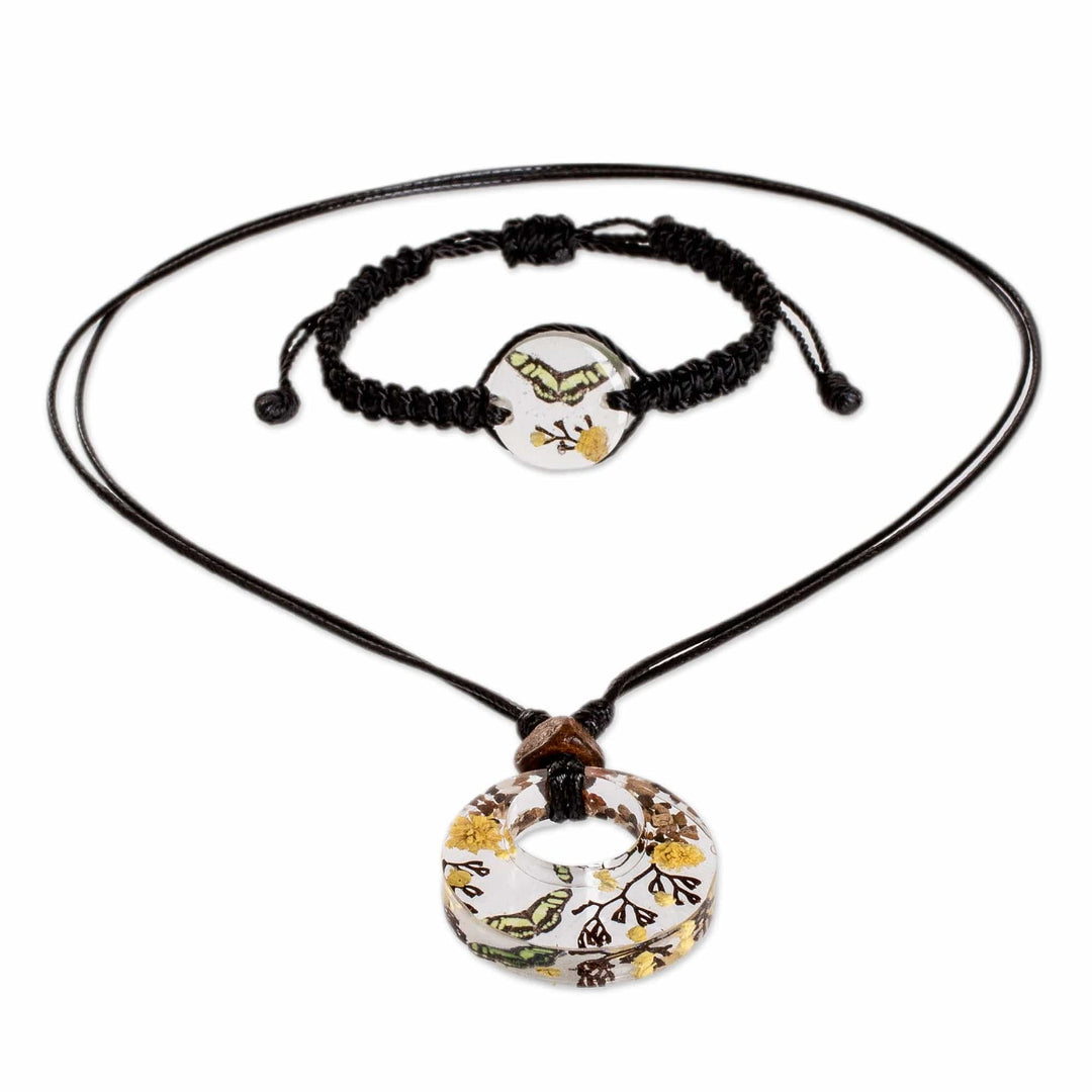 Set of Resin Yellow Butterfly Necklace and Macrame Bracelet - Butterfly Space