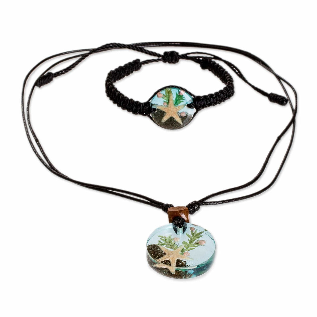 Set of Resin Starfish-Themed Necklace and Macrame Bracelet - Sea Celebrity
