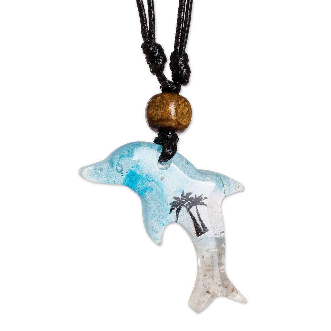 Blue Dolphin-Themed Resin Pendant Necklace from Costa Rica - Tropical Dolphin