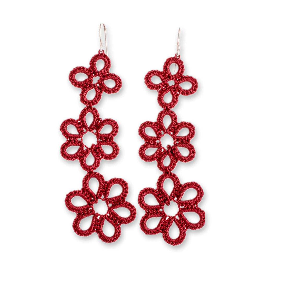 Hand-Tatted Floral Dangle Earrings in Crimson from Guatemala - Petal Delight in Crimson