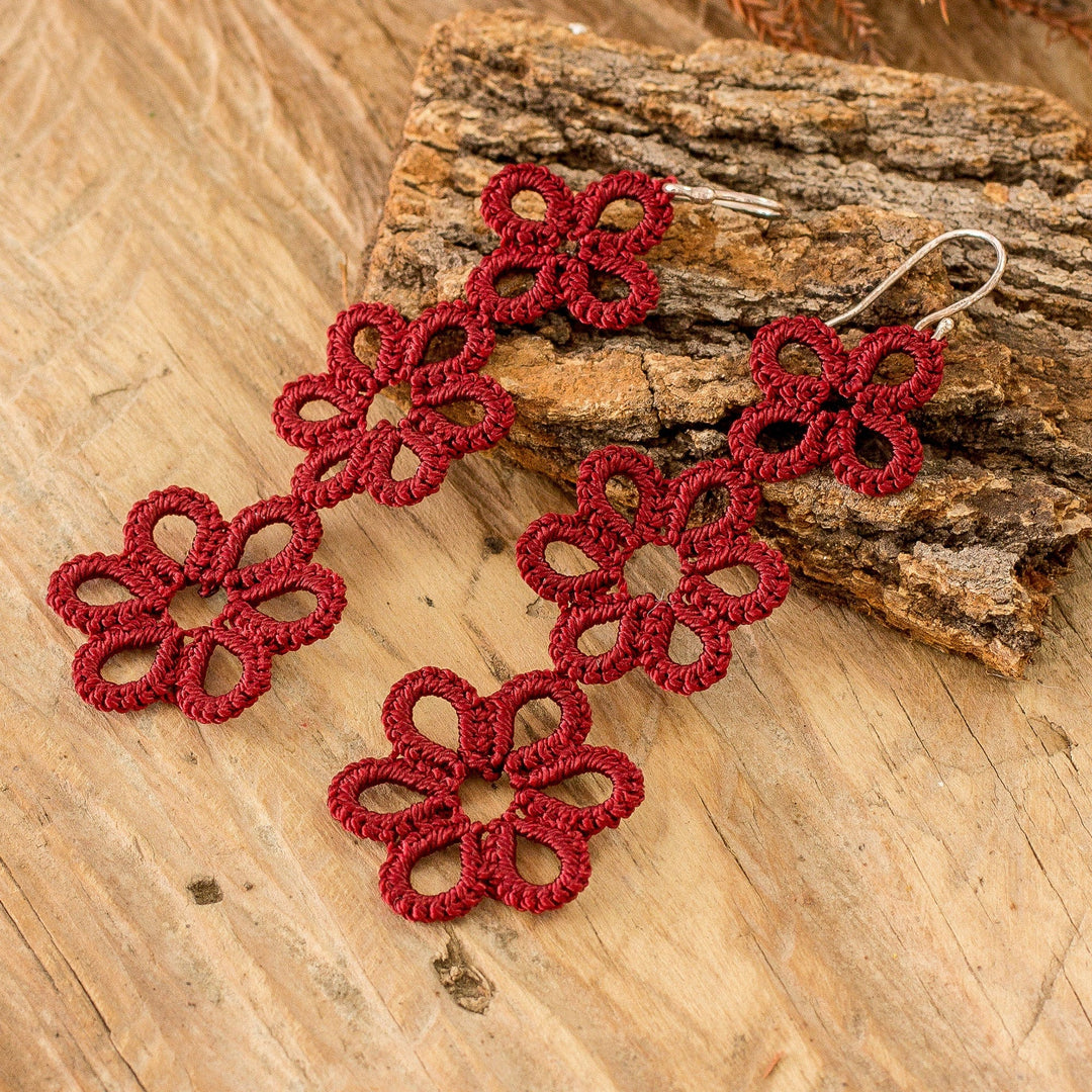 Hand-Tatted Floral Dangle Earrings in Crimson from Guatemala - Petal Delight in Crimson