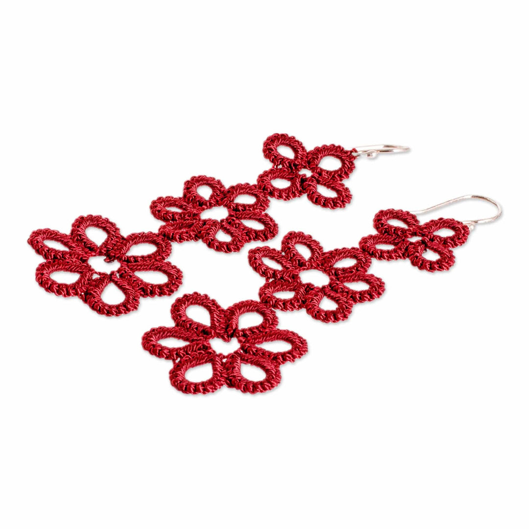 Hand-Tatted Floral Dangle Earrings in Crimson from Guatemala - Petal Delight in Crimson