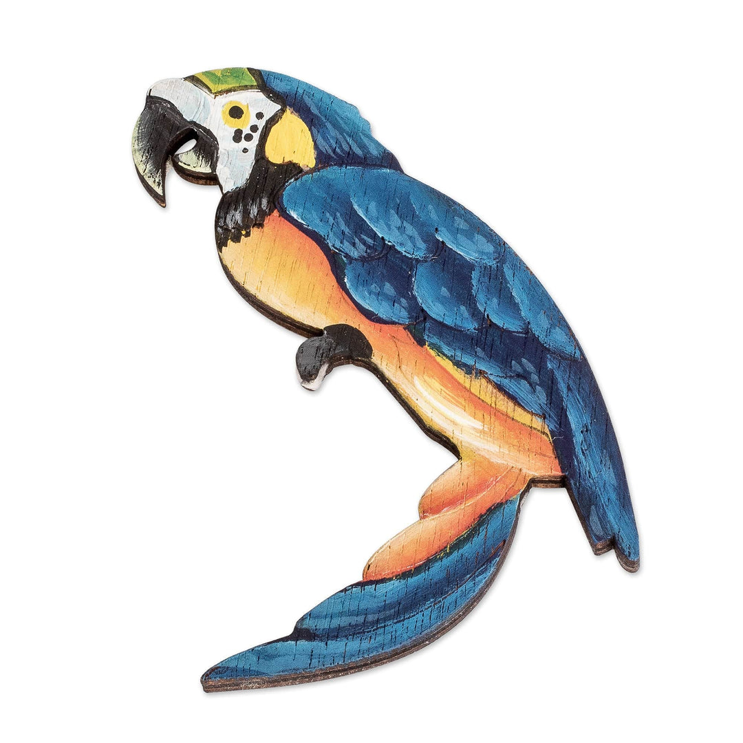 Hand-Painted Recycled Pinewood Blue Macaw Magnet - Macaw of Magic
