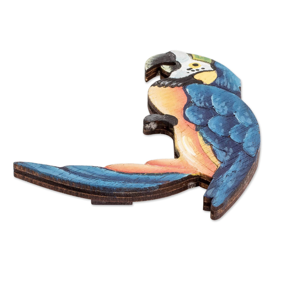 Hand-Painted Recycled Pinewood Blue Macaw Magnet - Macaw of Magic