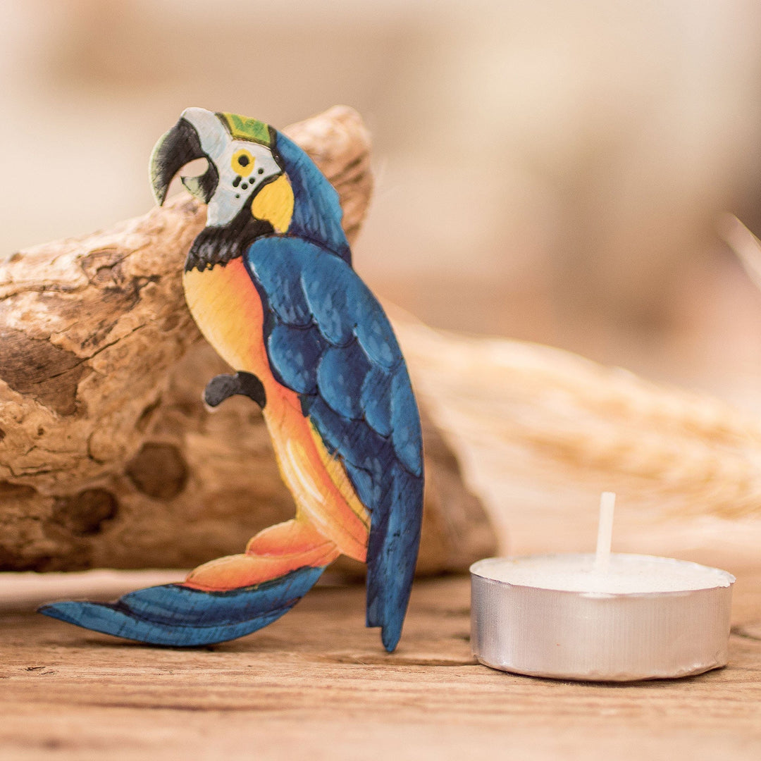Hand-Painted Recycled Pinewood Blue Macaw Magnet - Macaw of Magic