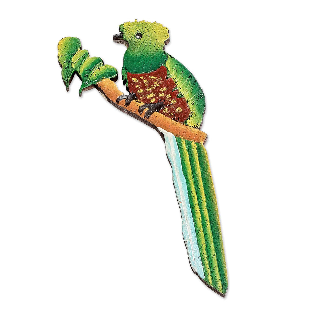 Hand-Painted Green Recycled Pinewood Quetzal Magnet - Quetzal Call