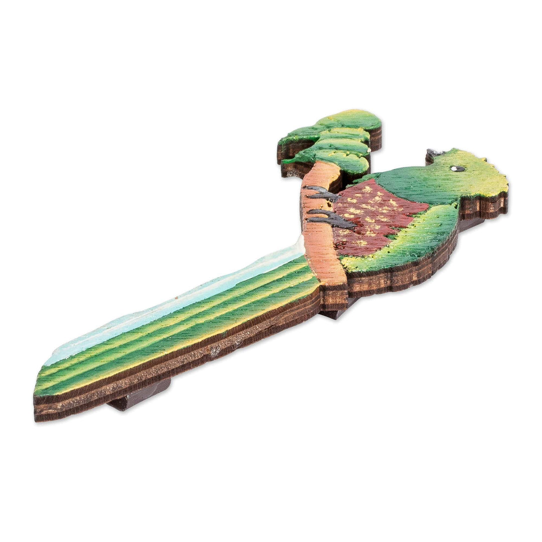 Hand-Painted Green Recycled Pinewood Quetzal Magnet - Quetzal Call
