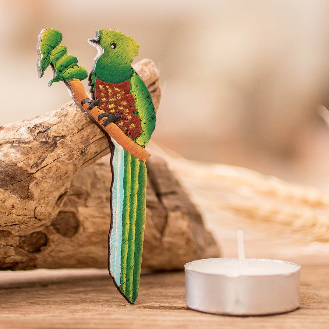 Hand-Painted Green Recycled Pinewood Quetzal Magnet - Quetzal Call