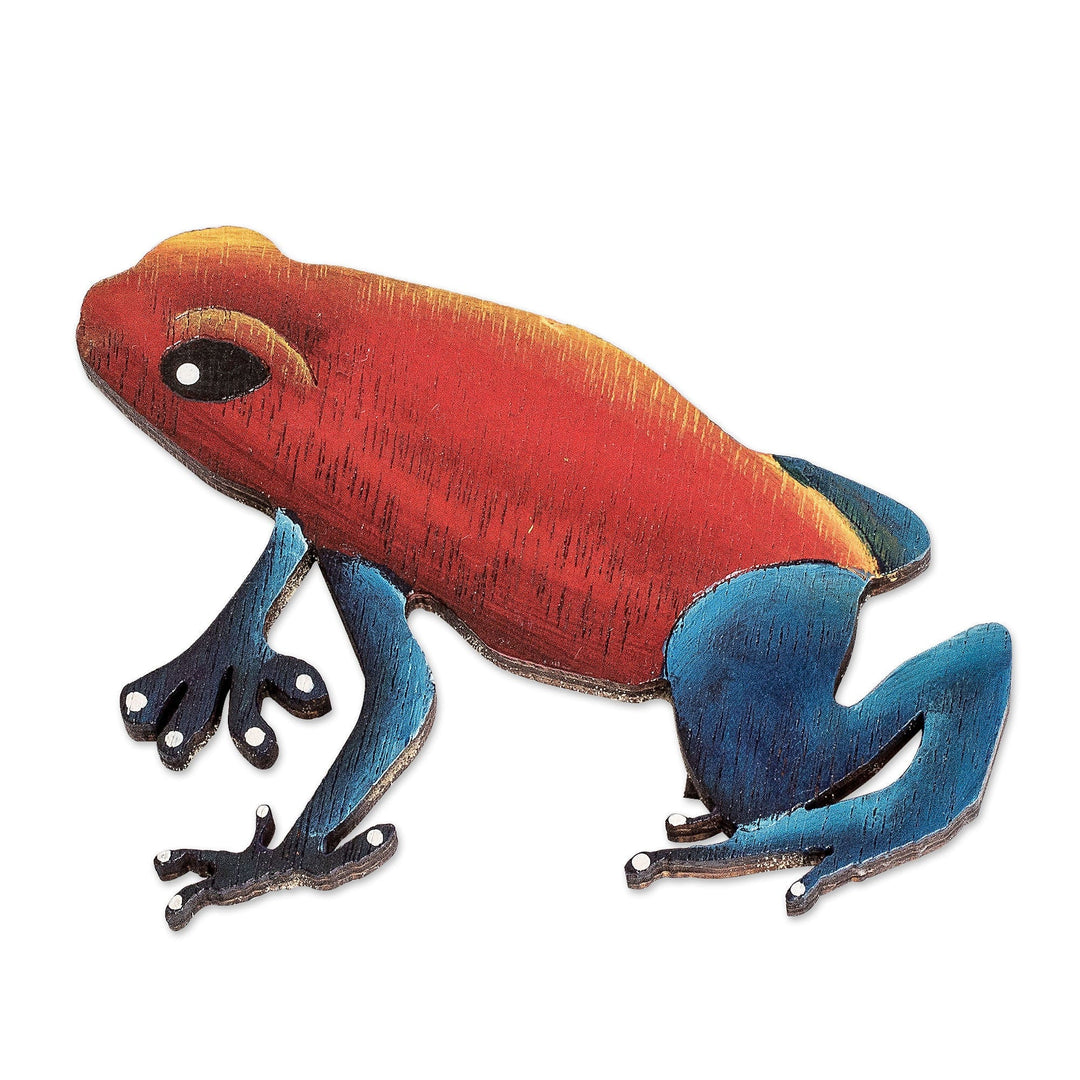 Hand-Painted Blue and Red Frog Recycled Pinewood Magnet - Froggy Tropic