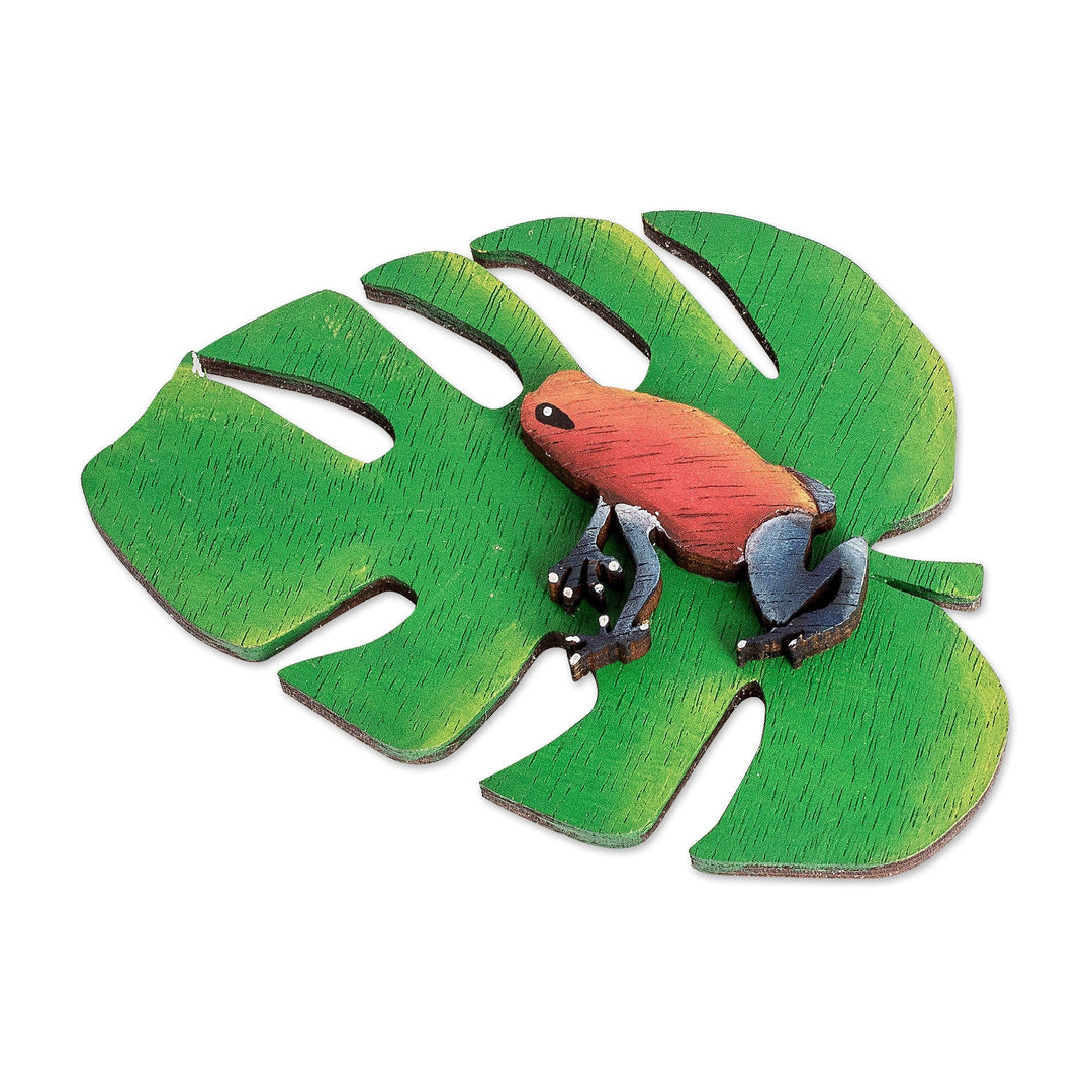 Nature-Themed Hand-Painted Leaf and Frog Pinewood Magnet - Leafy Eden