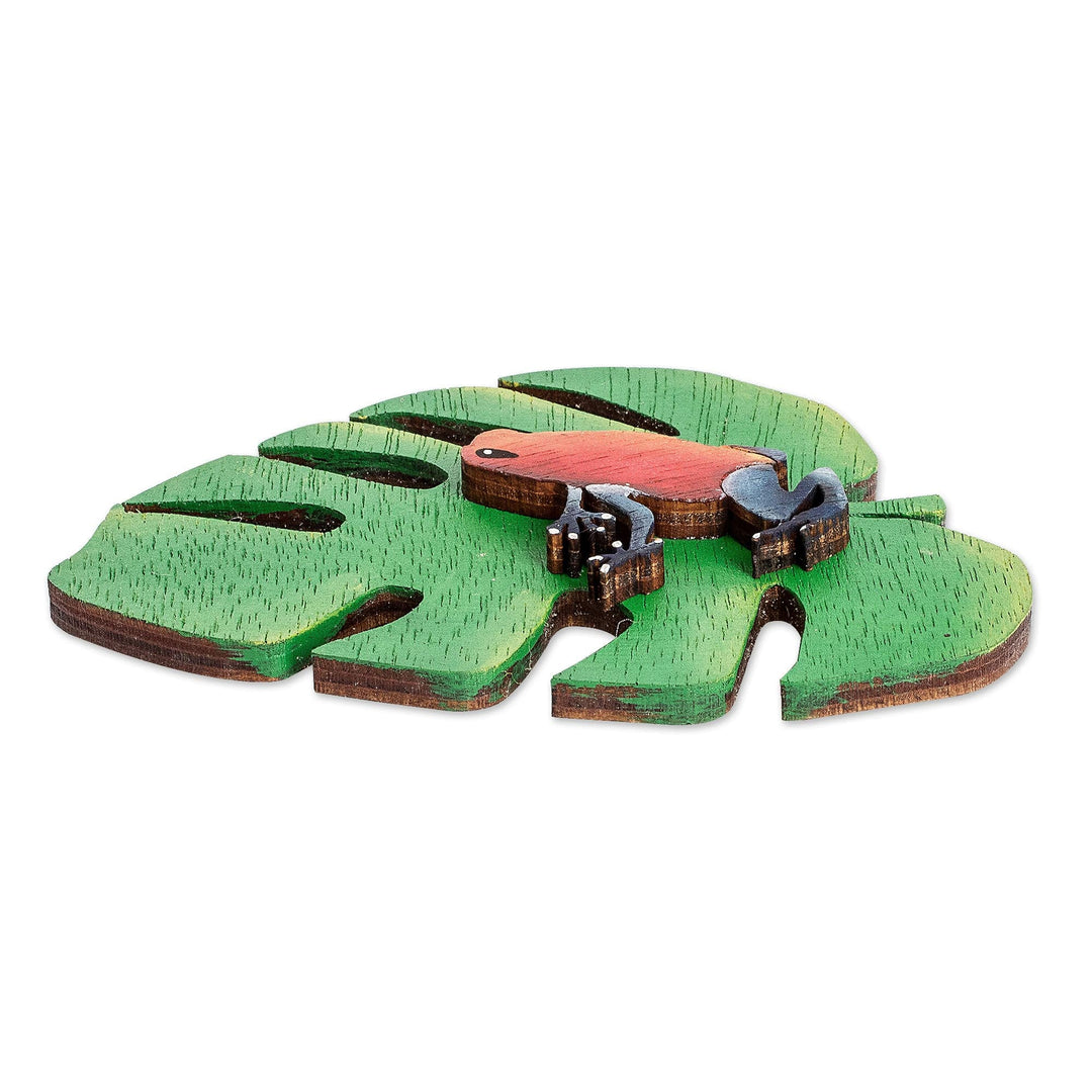 Nature-Themed Hand-Painted Leaf and Frog Pinewood Magnet - Leafy Eden
