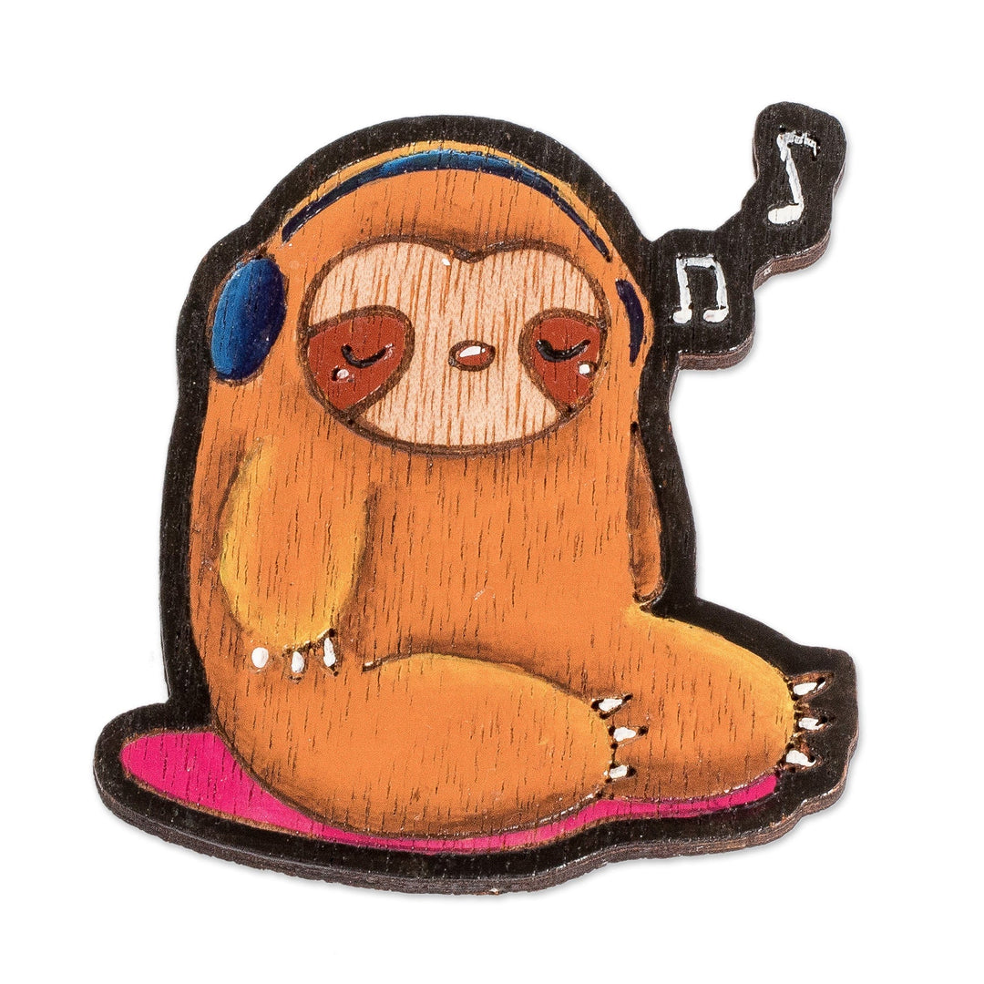 Hand-Painted Whimsical Musical Sloth Pinewood Magnet - Musical Sloth