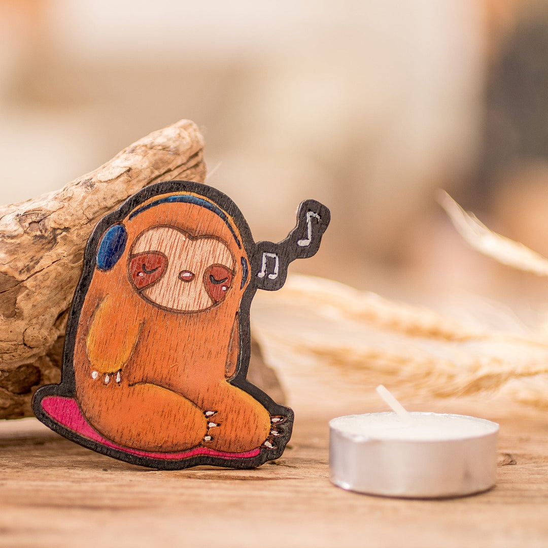 Hand-Painted Whimsical Musical Sloth Pinewood Magnet - Musical Sloth