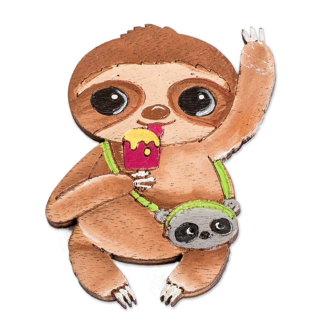 Hand-Painted Whimsical Traveler Sloth Pinewood Magnet - Sloth in Vacation