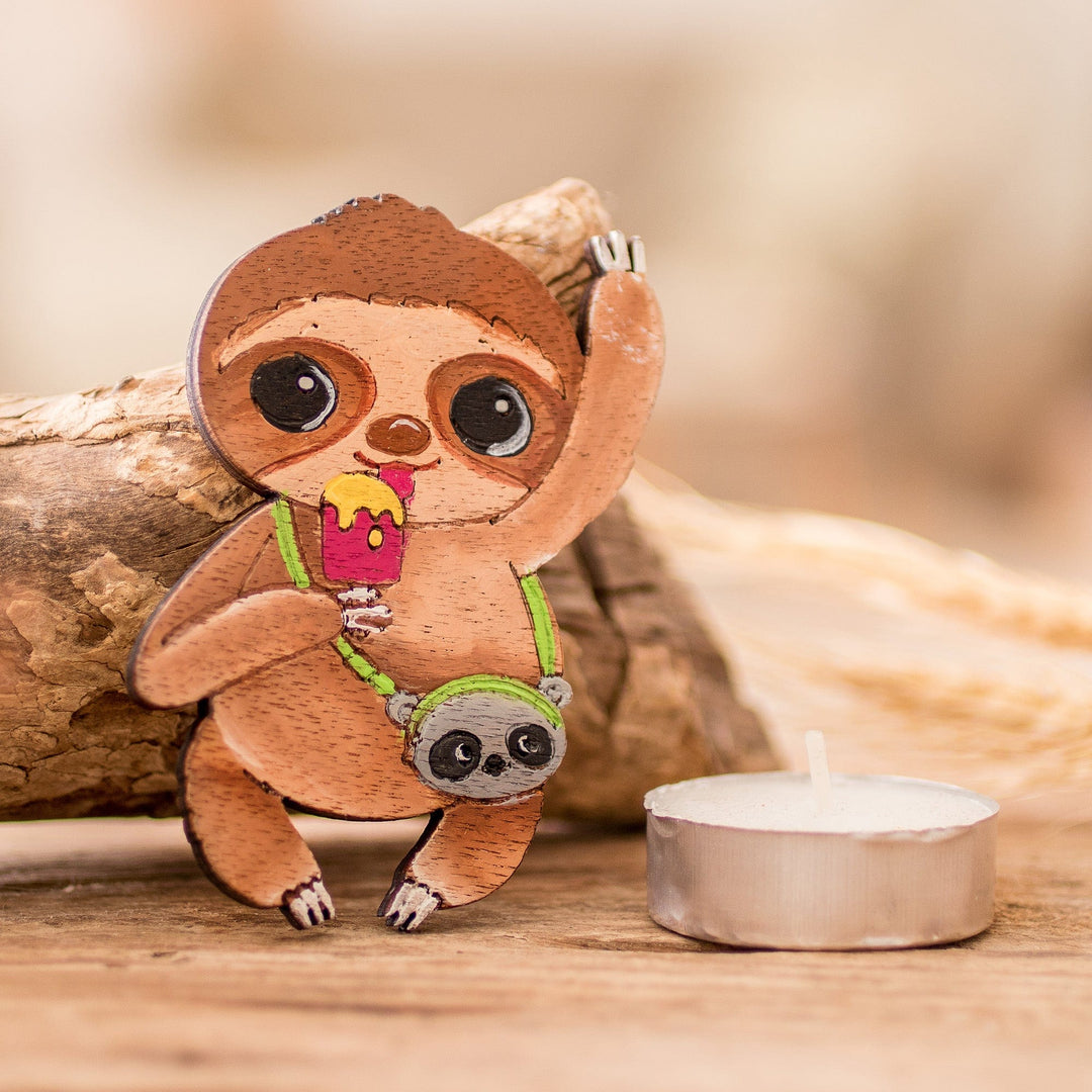 Hand-Painted Whimsical Traveler Sloth Pinewood Magnet - Sloth in Vacation