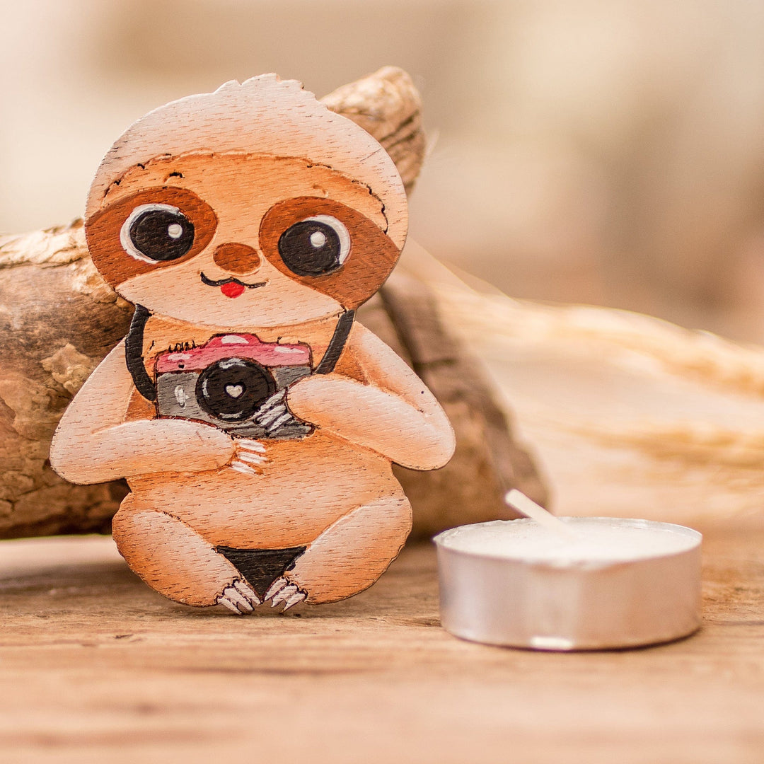 Hand-Painted Whimsical Photographer Sloth Pinewood Magnet - Sloth in Tour