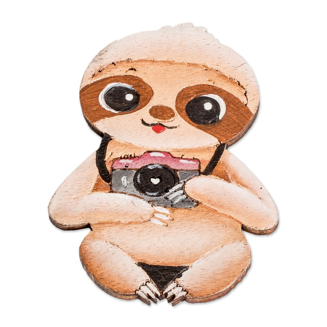 Hand-Painted Whimsical Photographer Sloth Pinewood Magnet - Sloth in Tour