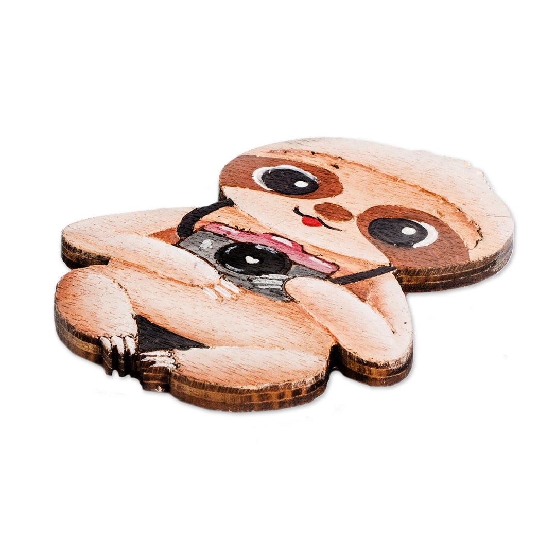 Hand-Painted Whimsical Photographer Sloth Pinewood Magnet - Sloth in Tour