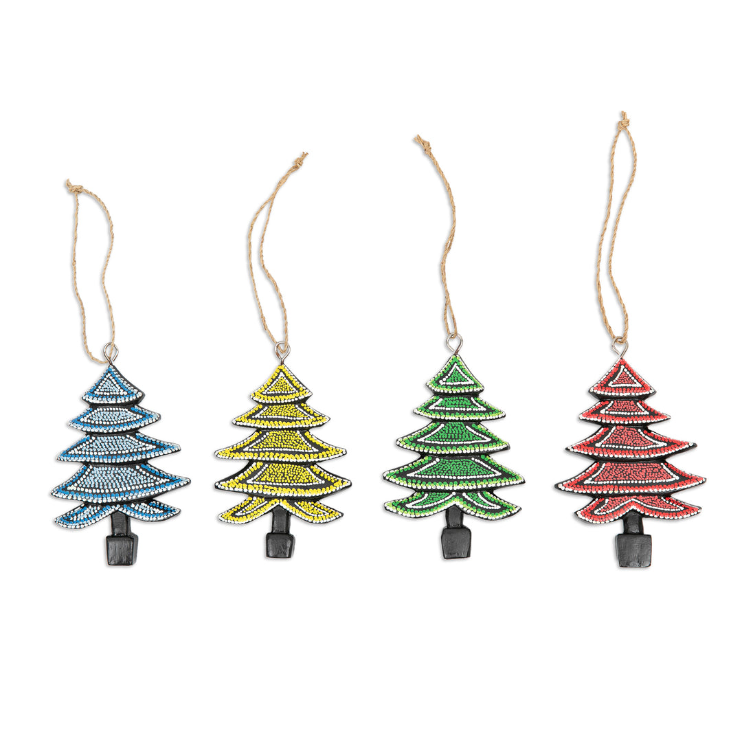 Set of 4 Handcrafted Colorful Albesia Wood Tree Ornaments - Island's Forest