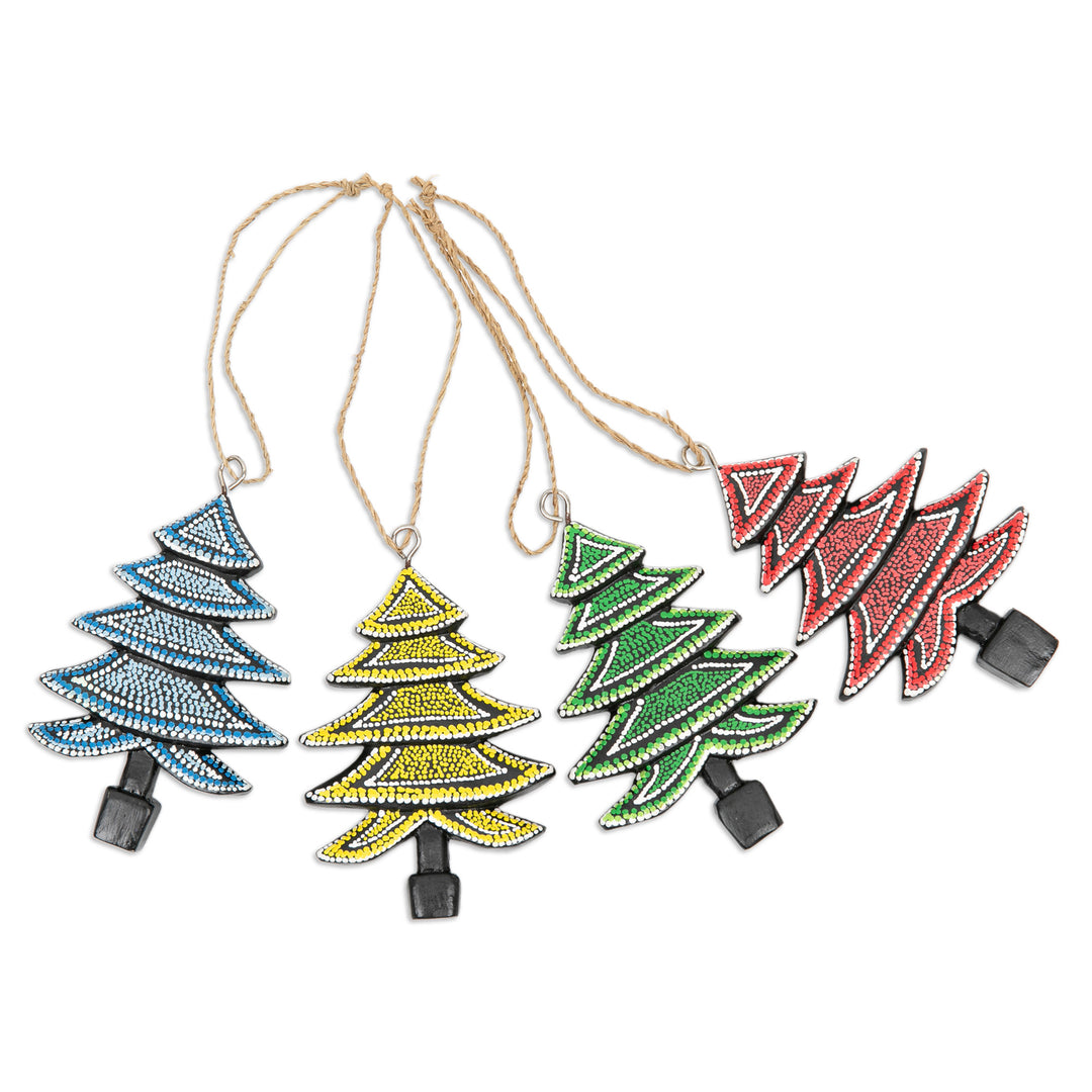 Set of 4 Handcrafted Colorful Albesia Wood Tree Ornaments - Island's Forest