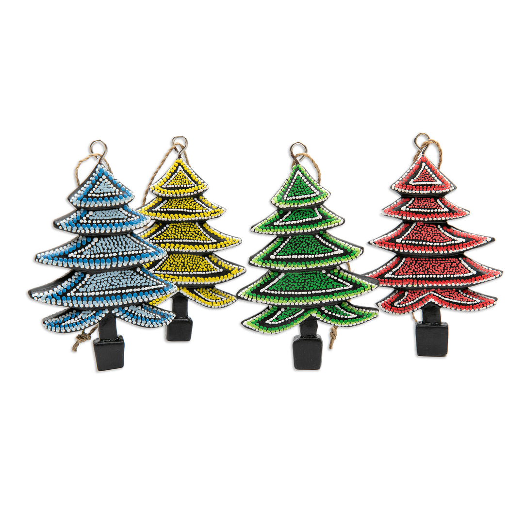 Set of 4 Handcrafted Colorful Albesia Wood Tree Ornaments - Island's Forest