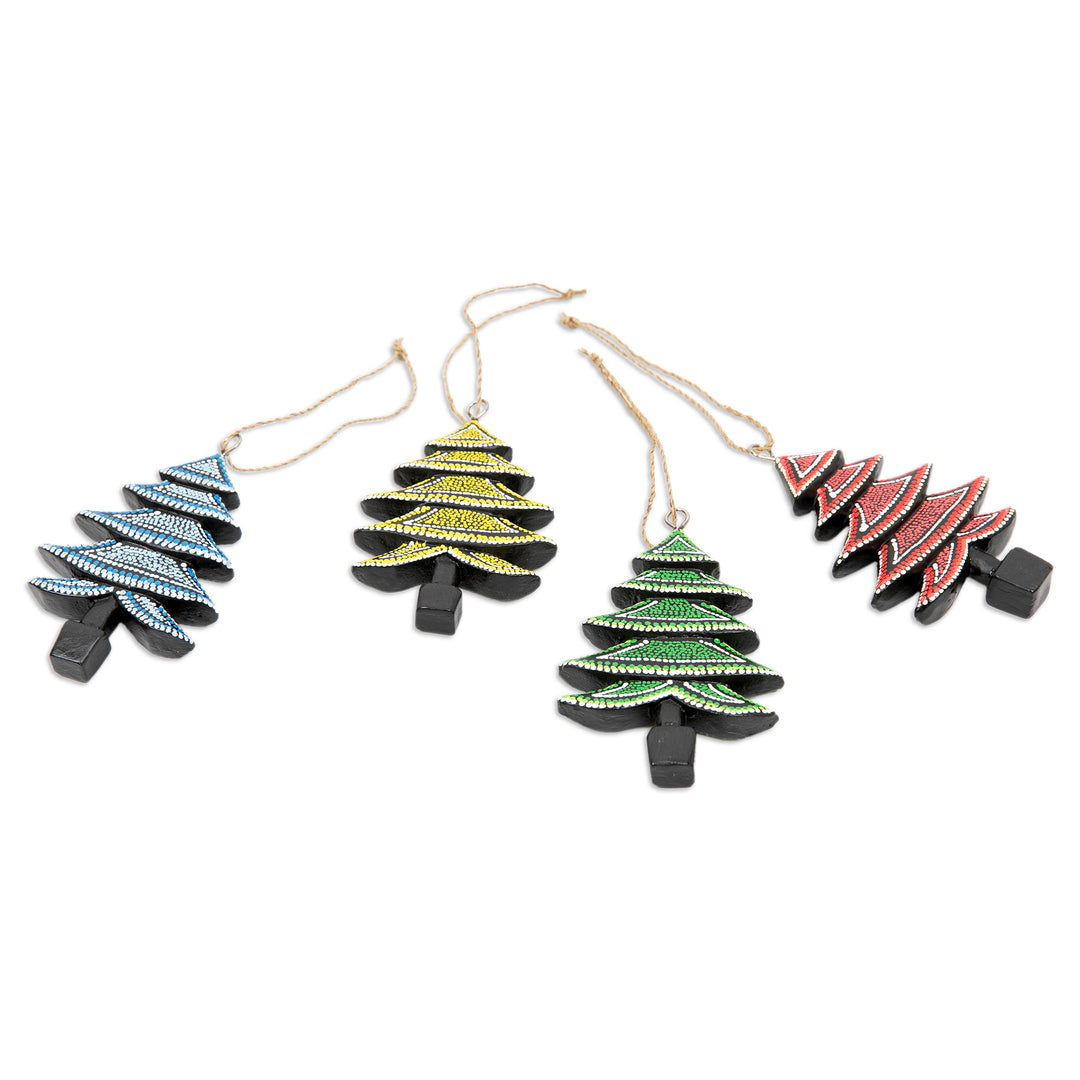 Set of 4 Handcrafted Colorful Albesia Wood Tree Ornaments - Island's Forest
