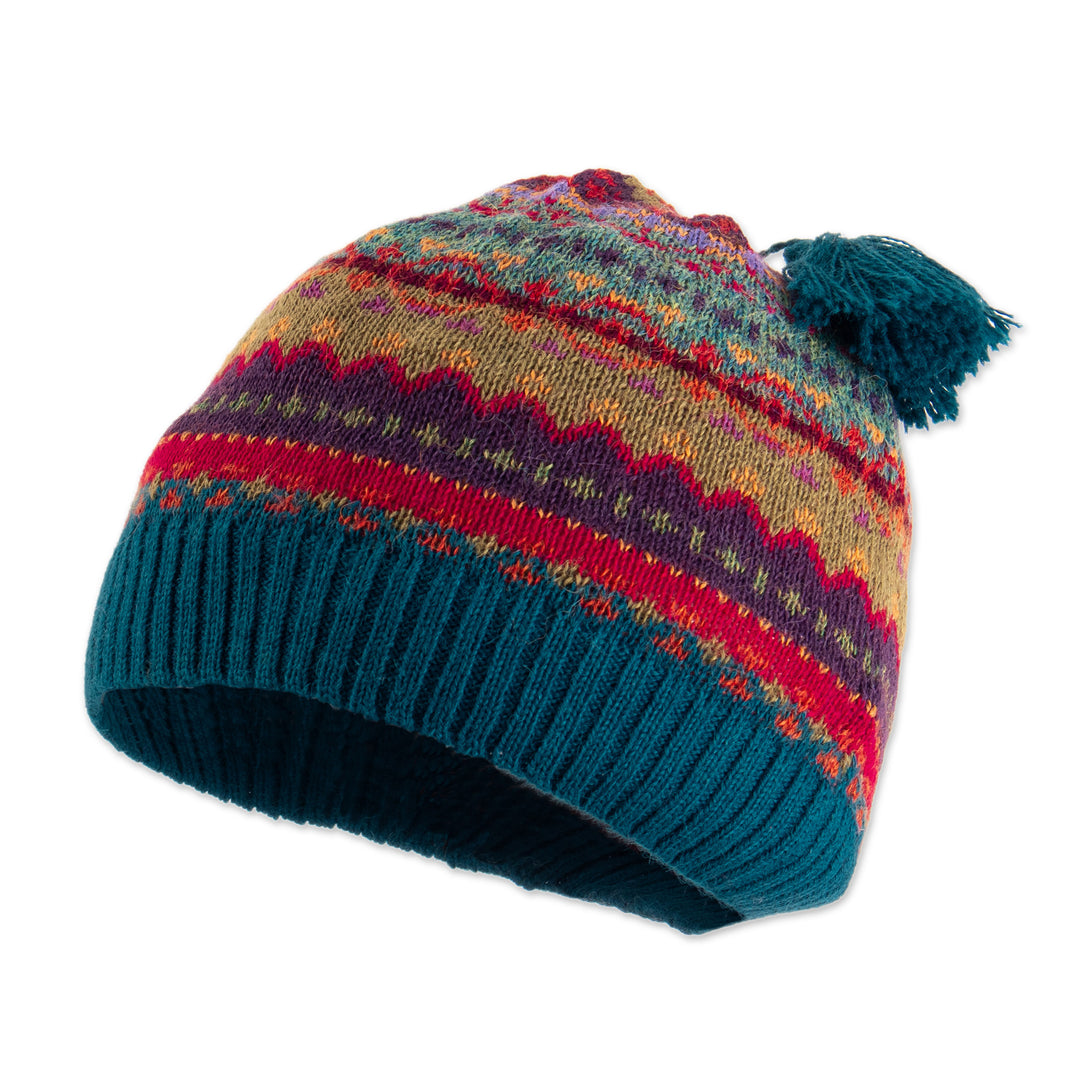 Colorful Knit 100% Alpaca Hat with Andean Patterns & Tassel - Patterned Symphony