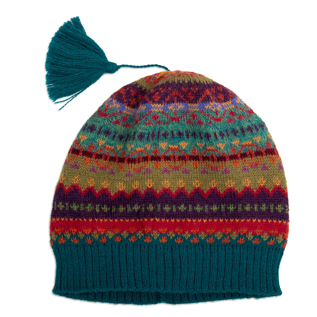 Colorful Knit 100% Alpaca Hat with Andean Patterns & Tassel - Patterned Symphony