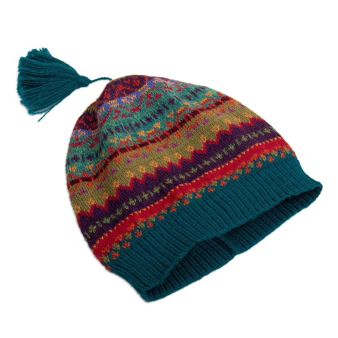 Colorful Knit 100% Alpaca Hat with Andean Patterns & Tassel - Patterned Symphony