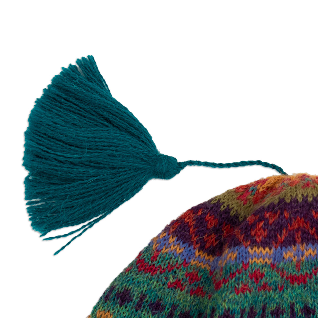 Colorful Knit 100% Alpaca Hat with Andean Patterns & Tassel - Patterned Symphony