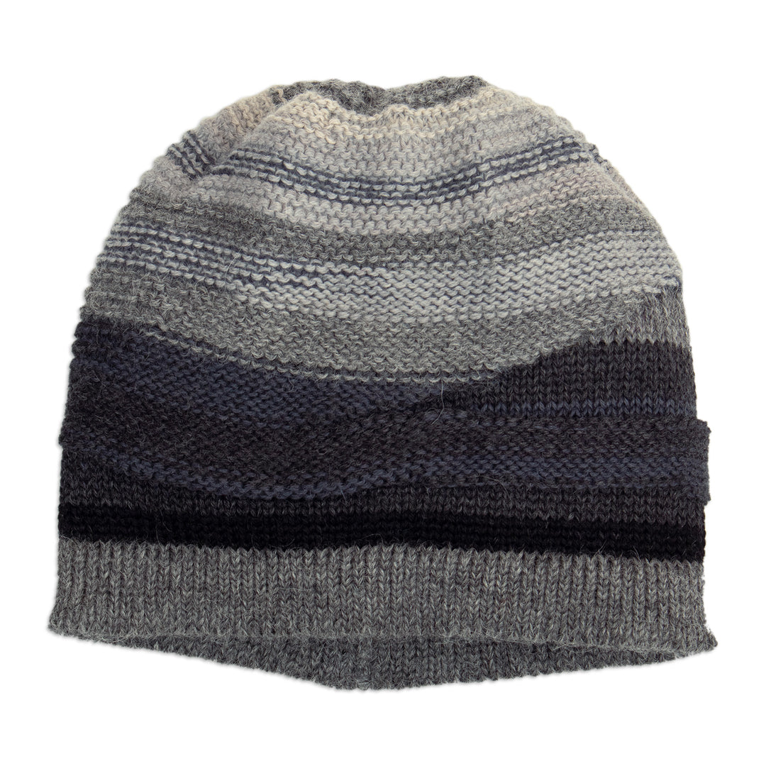 Knit 100% Alpaca Hat in Grey Silver and Black Hues from Peru - Monochromatic Shades