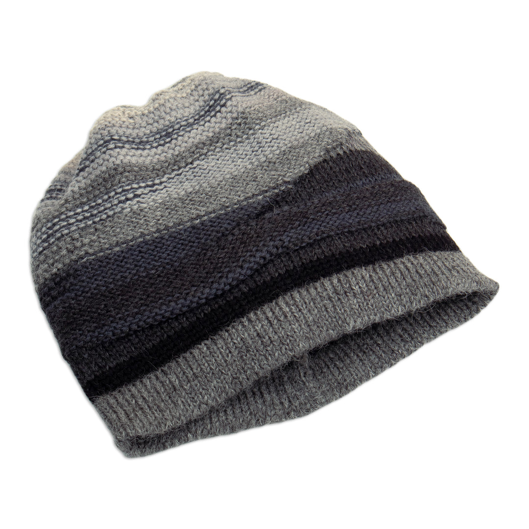 Knit 100% Alpaca Hat in Grey Silver and Black Hues from Peru - Monochromatic Shades
