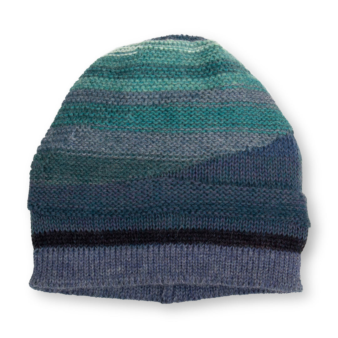 Knit 100% Alpaca Hat in Blue and Teal Shades from Peru - Blue Textured Landscape