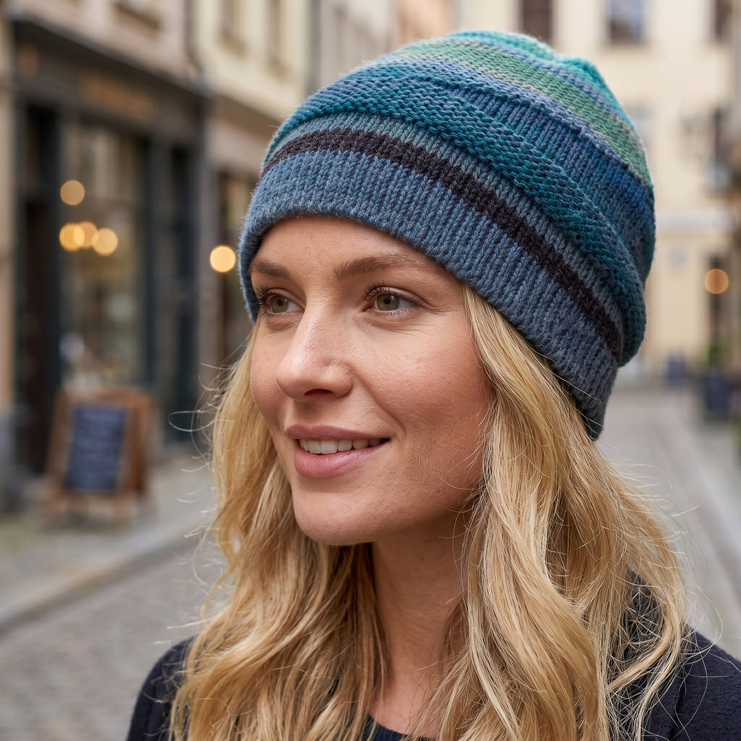 Knit 100% Alpaca Hat in Blue and Teal Shades from Peru - Blue Textured Landscape