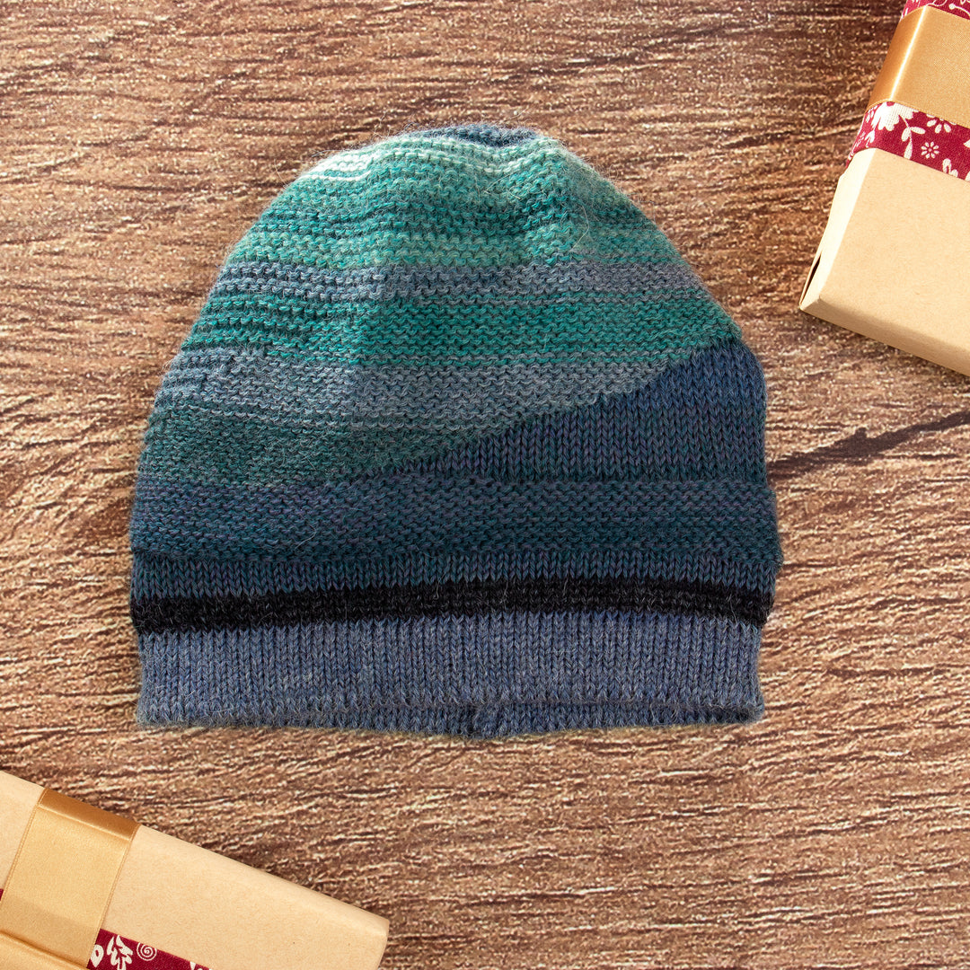 Knit 100% Alpaca Hat in Blue and Teal Shades from Peru - Blue Textured Landscape