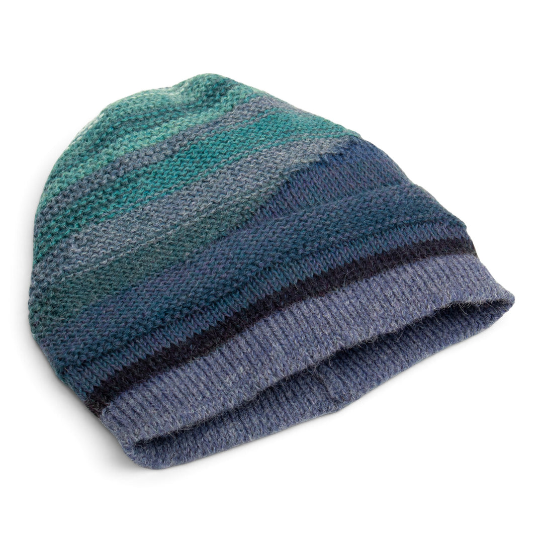 Knit 100% Alpaca Hat in Blue and Teal Shades from Peru - Blue Textured Landscape