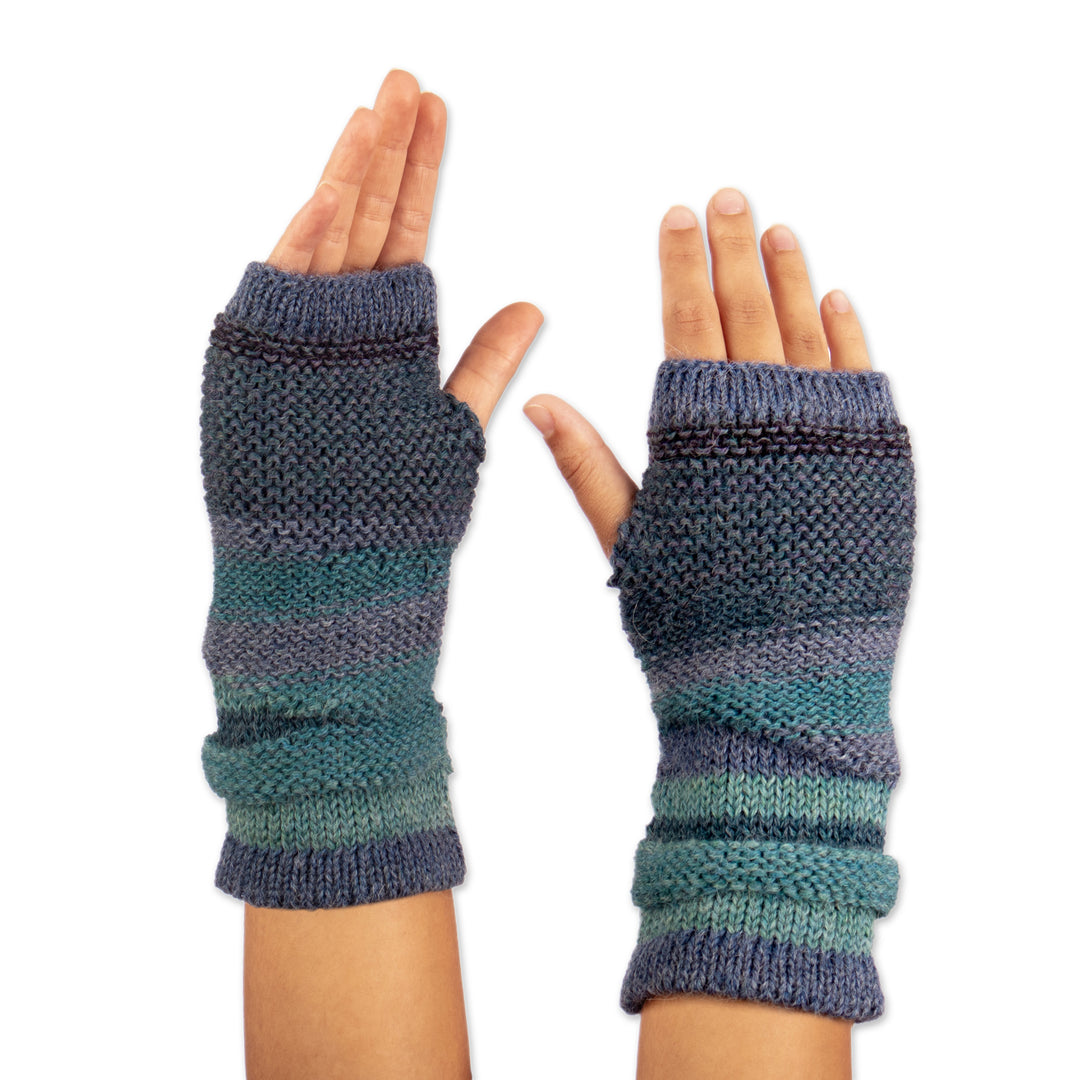 100% Alpaca Blue and Teal Knit Fingerless Mittens from Peru - Blue Textured Landscape