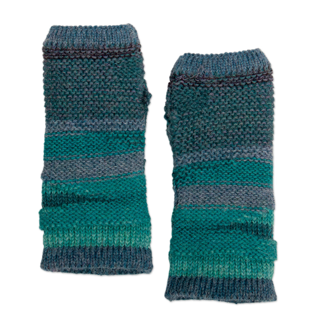 100% Alpaca Blue and Teal Knit Fingerless Mittens from Peru - Blue Textured Landscape