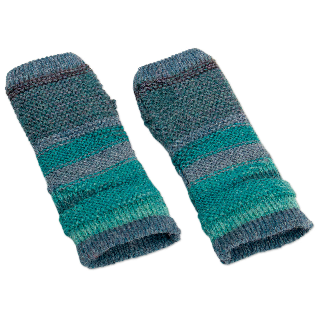 100% Alpaca Blue and Teal Knit Fingerless Mittens from Peru - Blue Textured Landscape