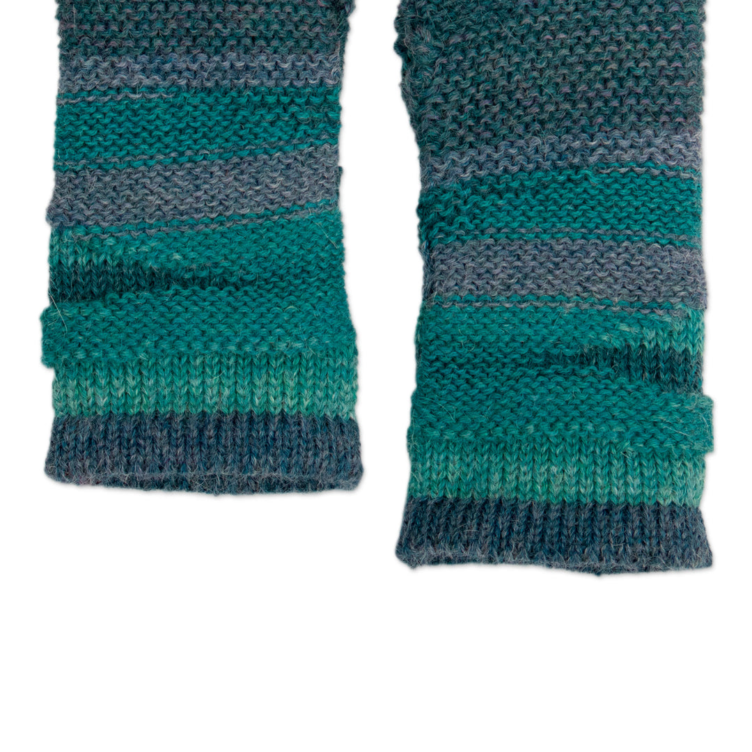 100% Alpaca Blue and Teal Knit Fingerless Mittens from Peru - Blue Textured Landscape
